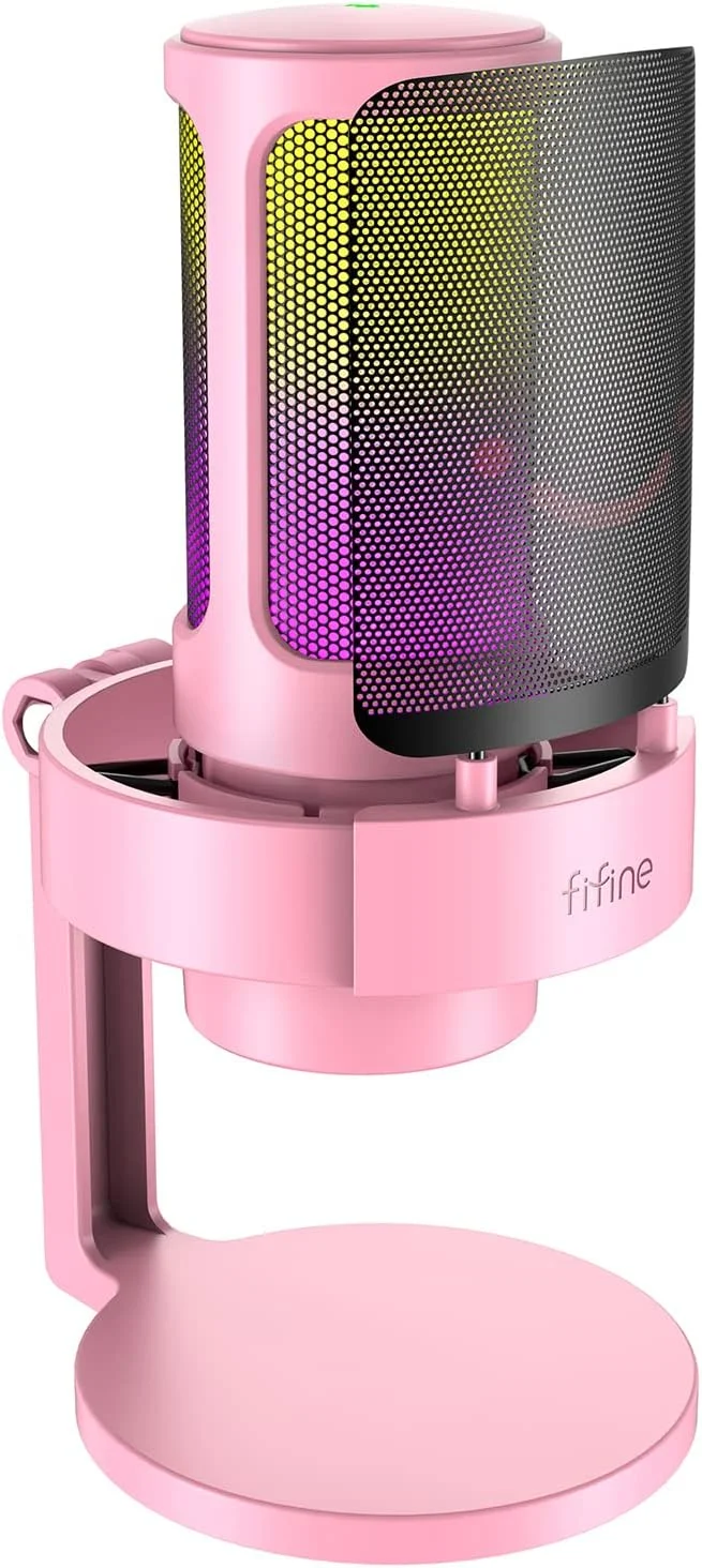 میکروفون گیمینگ استریمینگ USB FIFINE، میکروفون رومیزی کندانسور PC برای ویدیو، استفاده خانگی، یوتیوب، با کنترل RGB، دکمه Gain، جک هدفون 3.5 میلی‌متری، پایه ضد لرزش، برای کامپیوتر/PS4/PS5 - AmpliGame A8 صورتی