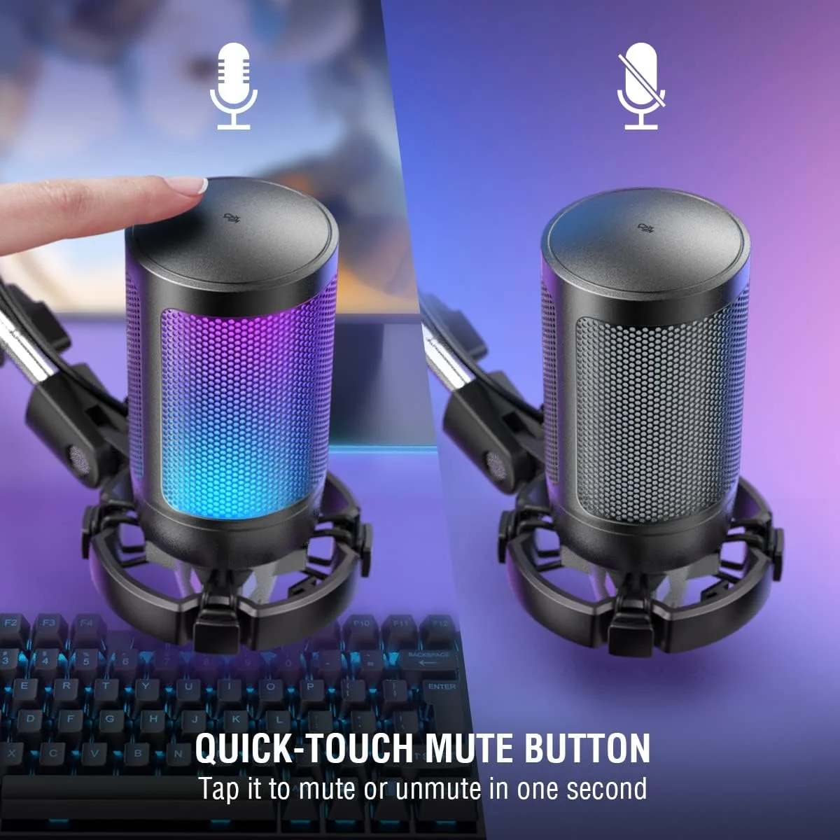 کیت میکروفون گیمینگ USB FIFINE، میکروفون کندانسور RGB برای PC PS5، با دکمه سکوت، پایه ضد ضربه، نگهدارنده میکروفون، پاپ فیلتر، برای استریمینگ دیسکورد پادکست
