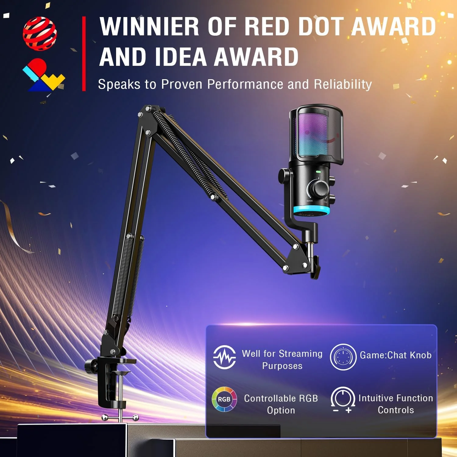 میکروفون استریمینگ USB فایفاین مدل AM6T برای بازی های کامپیوتری، میکروفون کاندنسر حرفه ای با RGB، حذف نویز و میکسر بازی/چت - اتصال آسان و بدون نیاز به نصب برای دیسکورد/استریمر/پادکستر، همراه با بازوی بوم و پاپ فیلتر