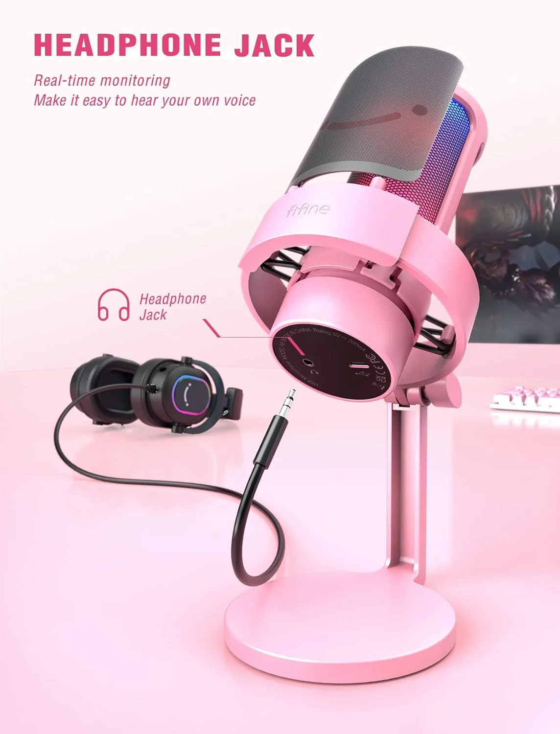 میکروفون گیمینگ استریمینگ USB FIFINE، میکروفون رومیزی کندانسور PC برای ویدیو، استفاده خانگی، یوتیوب، با کنترل RGB، دکمه Gain، جک هدفون 3.5 میلی‌متری، پایه ضد لرزش، برای کامپیوتر/PS4/PS5 - AmpliGame A8 صورتی