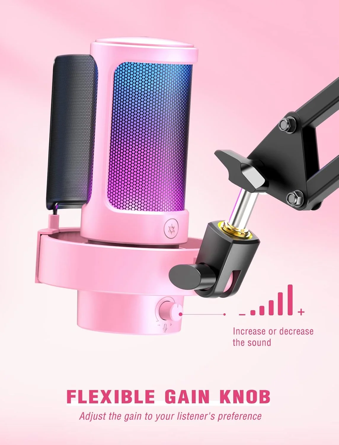 میکروفون گیمینگ استریمینگ USB FIFINE، میکروفون رومیزی کندانسور PC برای ویدیو، استفاده خانگی، یوتیوب، با کنترل RGB، دکمه Gain، جک هدفون 3.5 میلی‌متری، پایه ضد لرزش، برای کامپیوتر/PS4/PS5 - AmpliGame A8 صورتی