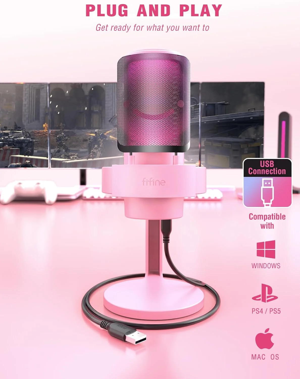 میکروفون گیمینگ استریمینگ USB FIFINE، میکروفون رومیزی کندانسور PC برای ویدیو، استفاده خانگی، یوتیوب، با کنترل RGB، دکمه Gain، جک هدفون 3.5 میلی‌متری، پایه ضد لرزش، برای کامپیوتر/PS4/PS5 - AmpliGame A8 صورتی