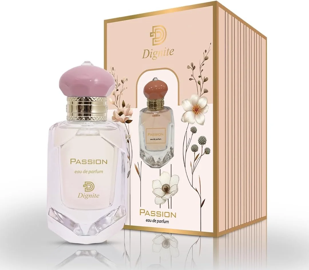 عطر زنانه دیگنیتی پشن 50 میل – ادو پرفیوم – ترکیبی اغوا کننده از توت فرنگی، نارگیل، تافی و وانیل – رایحه ای شیرین و بازیگوش