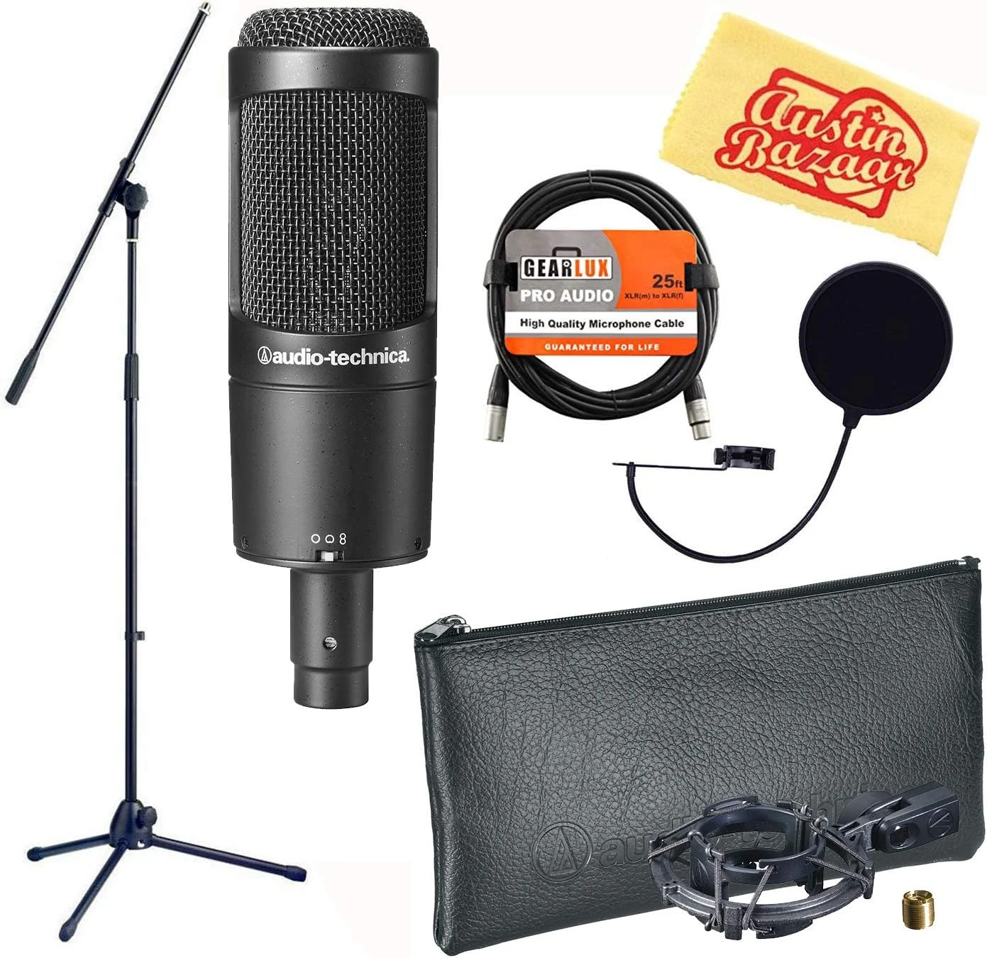 باندل میکروفون کاندنسر چند الگویی Audio-Technica AT2050 به همراه پایه بوم، پاپ فیلتر، کابل XLR و پارچه پولیش Austin Bazaar باندل میکروفون کاندنسر چند الگویی Audio-Technica AT2050 به همراه پایه بوم، پاپ فیلتر، کابل XLR و پارچه پولیش Austin Bazaar