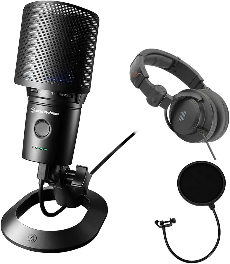 میکروفون USB کاندنسر کاردیوئید Audio-Technica (AT2020USXP) به همراه هدفون مانیتور Polsen HPC-A30-MK2 و پاپ فیلتر