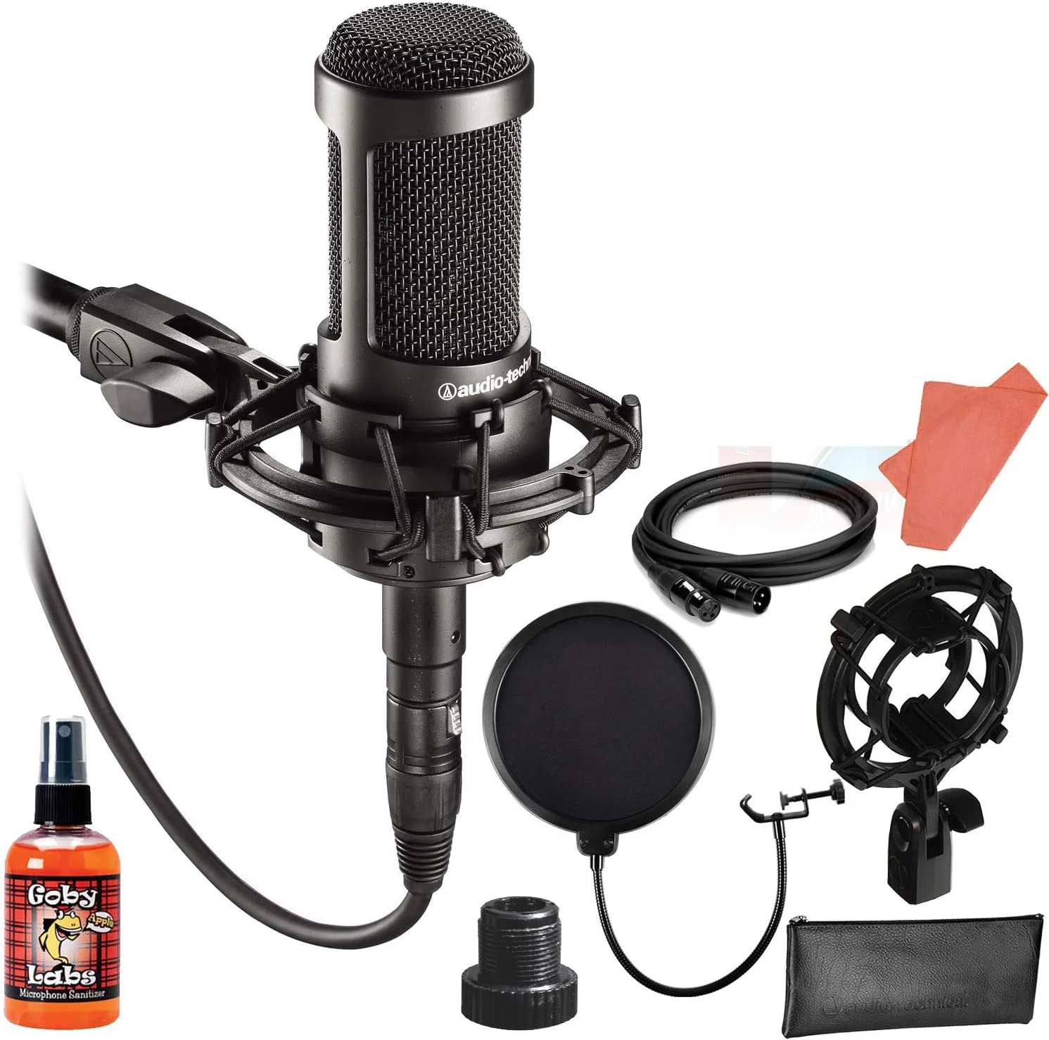 میکروفون کاندنسر کاردیوئید Audio-Technica AT2035 به همراه لرزه‌گیر، پاپ فیلتر، کابل XLR 3 متری، کیت تمیز کننده و موارد دیگر