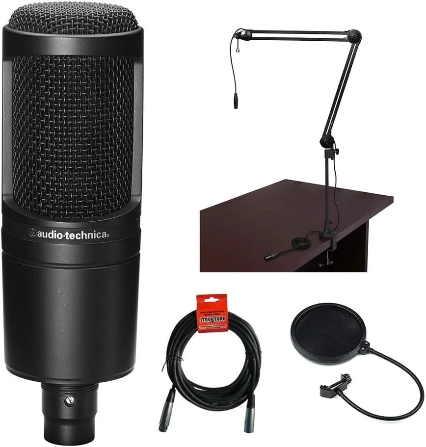 میکروفون کاندنسر کاردیوئید Audio-Technica AT2020 به همراه بازوی پخش دو قسمتی BAI-2X، فیلتر پاپ و کابل XLR