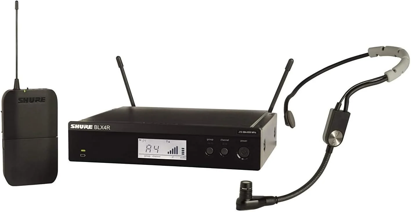 سیستم میکروفون بی سیم Shure BLX14R/SM35 با گیرنده نصب رک BLX4R، فرستنده بدنه BLX1 و میکروفون کاندنسر هدست SM35 برای صدای هندزفری، ایده آل برای اجراکنندگان فعال - باند H11