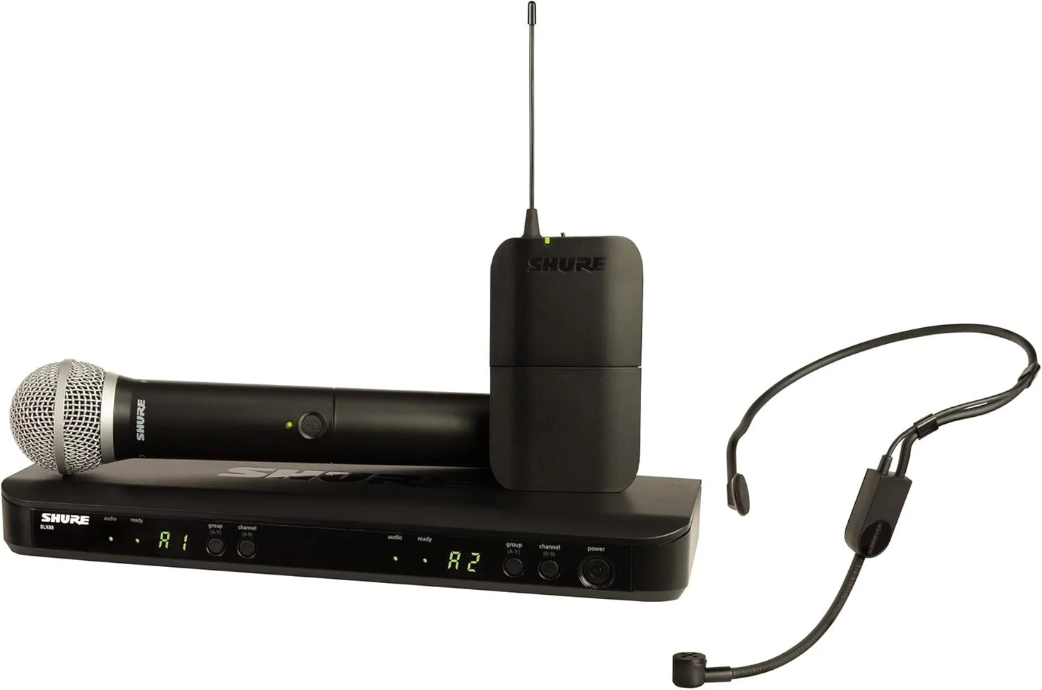 سیستم ترکیبی بی‌سیم Shure BLX1288/P31 با گیرنده دو کاناله BLX88، فرستنده دستی BLX2 با کپسول میکروفون آوازی PG58، بدنه BLX1 و میکروفون کندانسور هدست PGA31 - باند H10