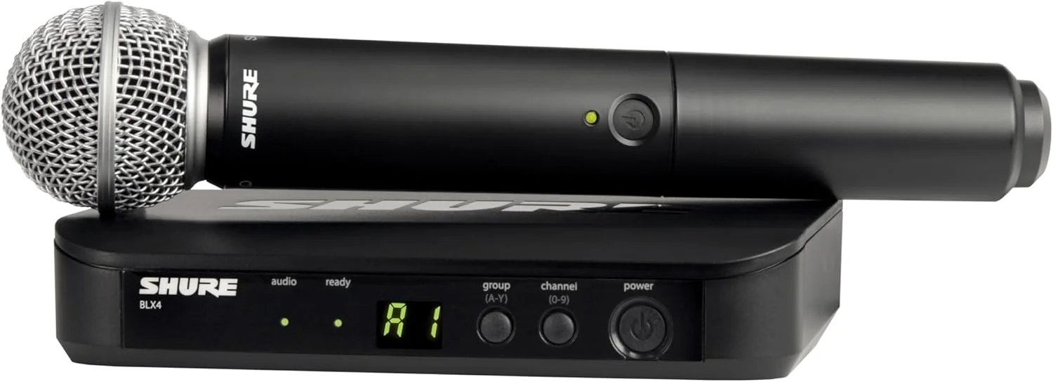 سیستم میکروفون بی سیم Shure BLX24/SM58 - عمر باتری 14 ساعته، برد 300 فوت، UHF | شامل میکروفون دستی SM58، گیرنده تک کاناله | باند H9 (BLX24/SM58-H9)