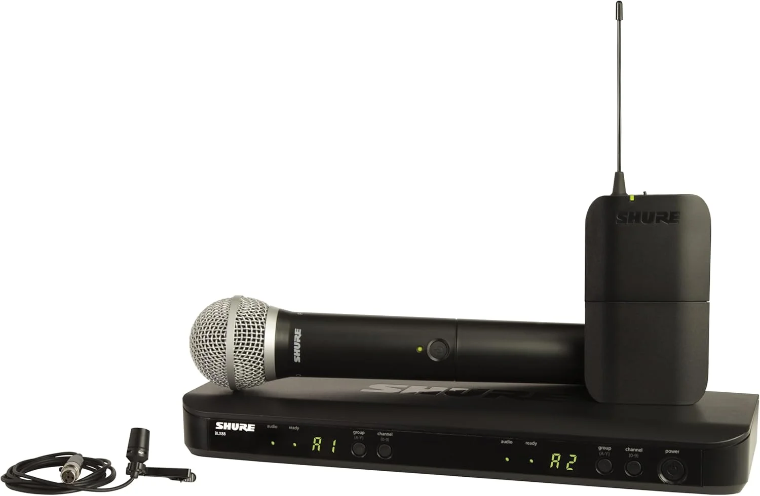 سیستم ترکیبی بی سیم Shure BLX1288/CVL با گیرنده دو کاناله BLX88، فرستنده دستی BLX2 با کپسول میکروفون آوازی PG58، بدنه BLX1 و میکروفون کندانسور یقه ای CVL - باند H10