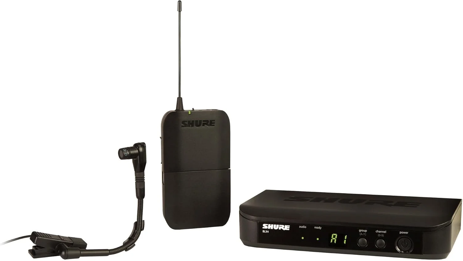 سیستم میکروفون بی سیم UHF Shure BLX14/B98 - ایده آل برای سازهای بادی برنجی، چوبی، کوبه ای - 14 ساعت عمر باتری، برد 300 فوت | شامل میکروفون گیره ای ساز، گیرنده تک کاناله | باند H9