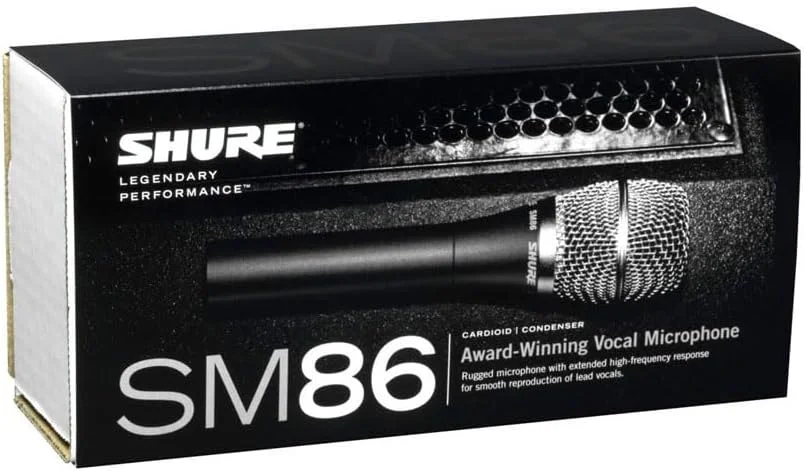 میکروفون وکال کاندنسر کاردیوئید Shure SM86 برای استفاده حرفه ای در اجرای زنده با سیستم ضد شوک 3 نقطه ای داخلی، فیلتر پاپ 2 مرحله ای برای کاهش نویز باد/تنفس، بدون کابل (SM86-LC)