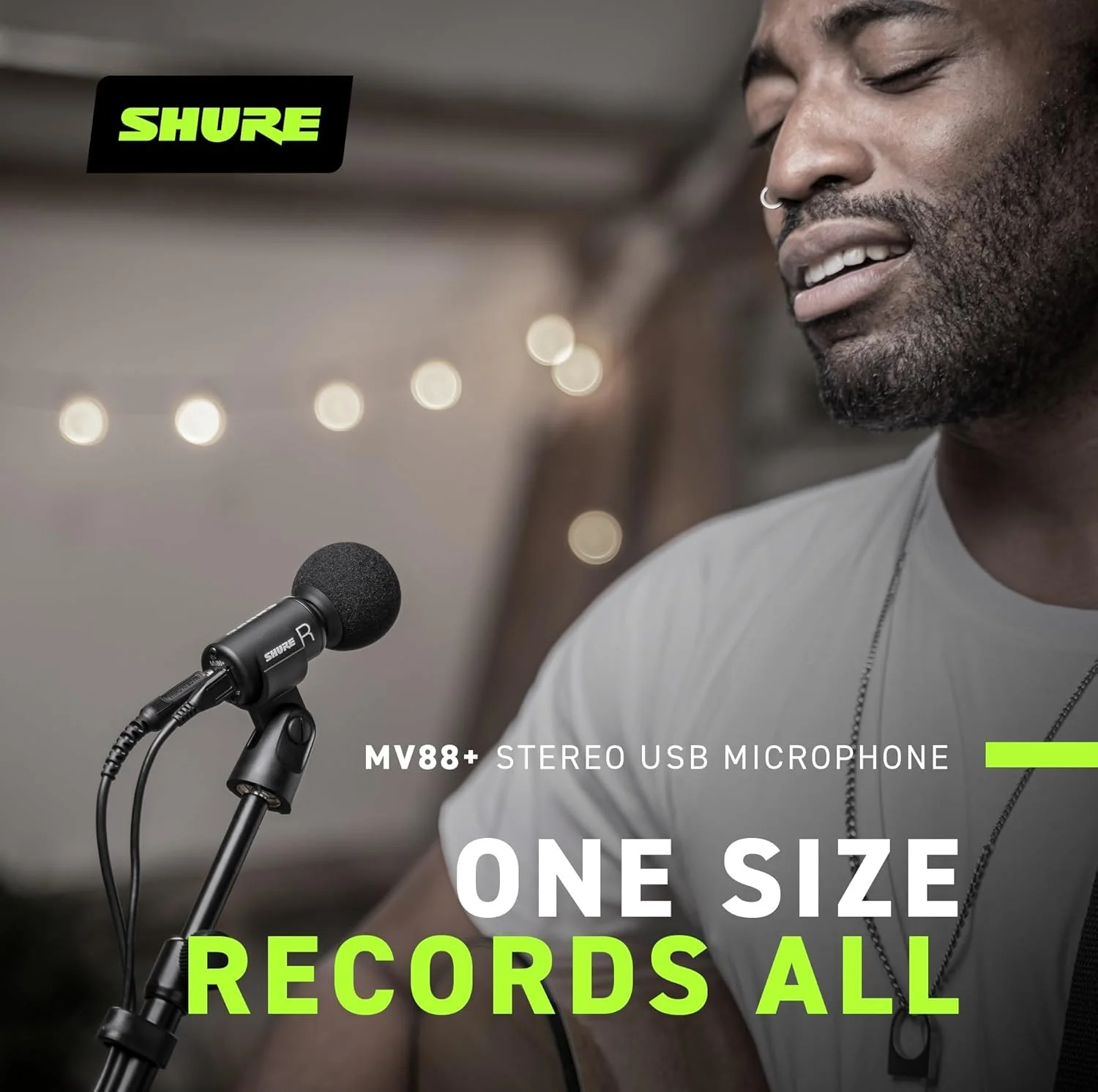 میکروفون استریو USB کاندنسر Shure MV88+، ضبط صدای قابل حمل، برای موبایل، پخش زنده کامپیوتر، پادکست، بازی، مشکی