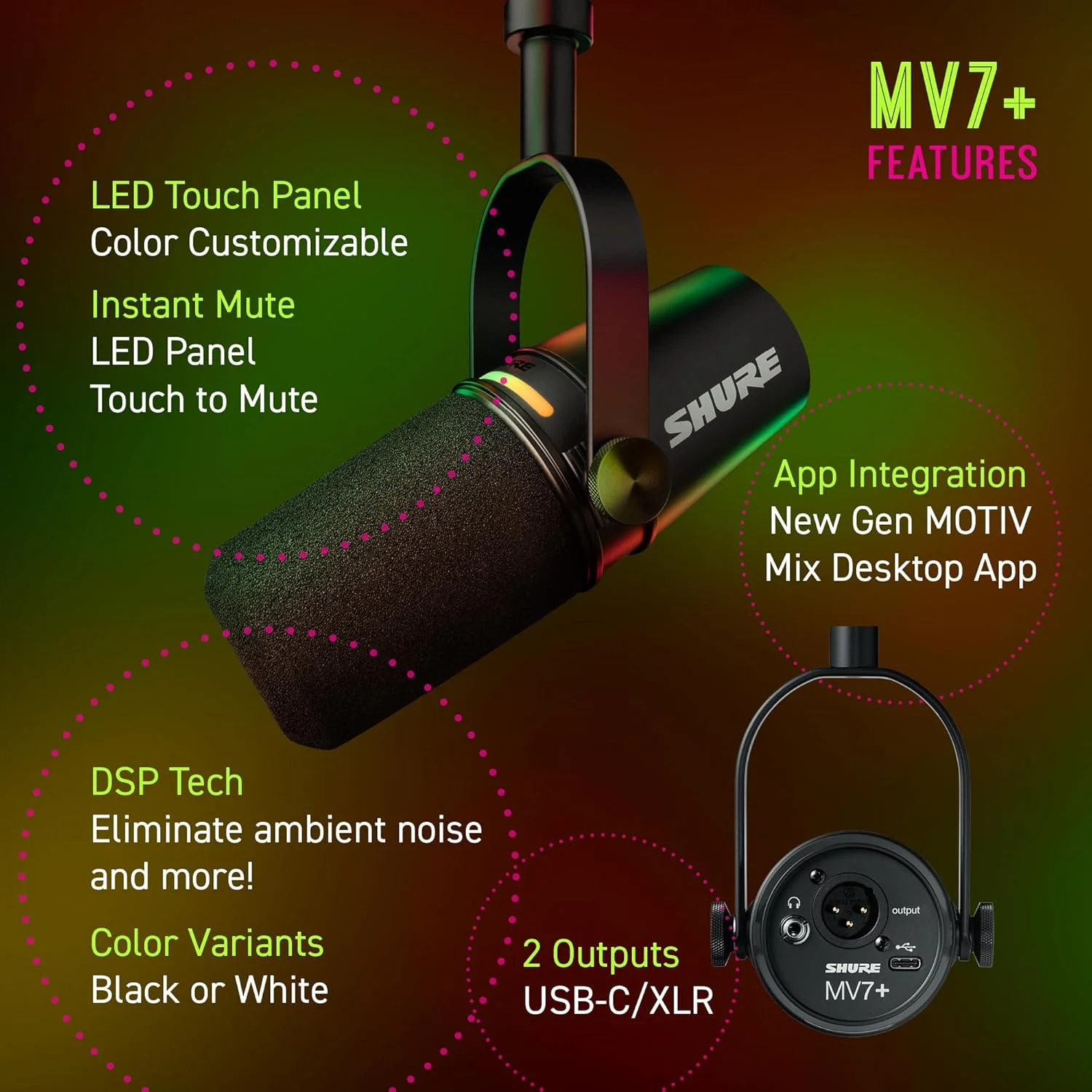 میکروفون پادکست Shure MV7+. صدای بهبود یافته، پنل لمسی LED، خروجی های USB-C و XLR، حالت سطح خودکار، فیلتر پاپ دیجیتال، جلوه های Reverb، پادکست، استریمینگ، ضبط - مشکی