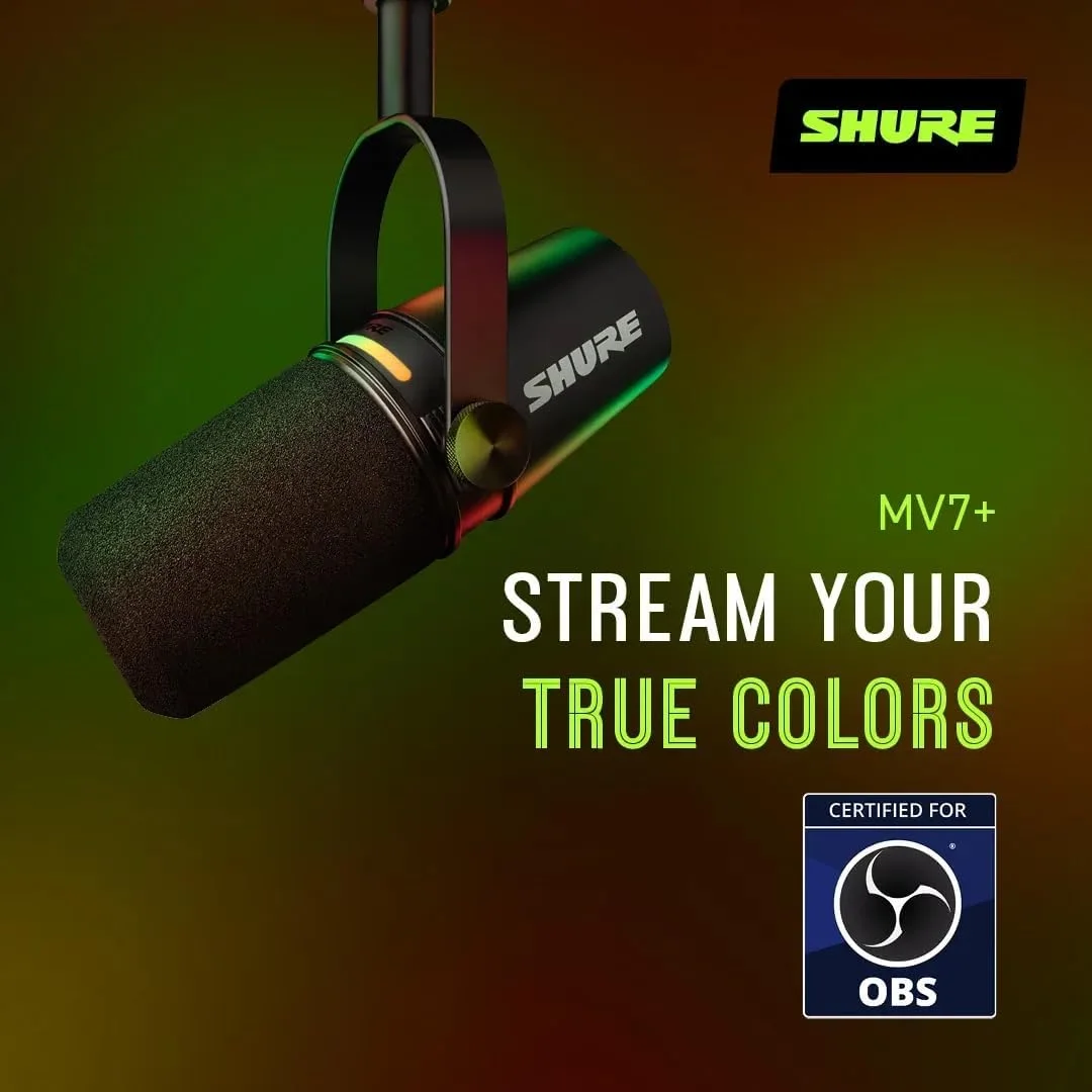 میکروفون پادکست Shure MV7+. صدای بهبود یافته، پنل لمسی LED، خروجی های USB-C و XLR، حالت سطح خودکار، فیلتر پاپ دیجیتال، جلوه های Reverb، پادکست، استریمینگ، ضبط - مشکی