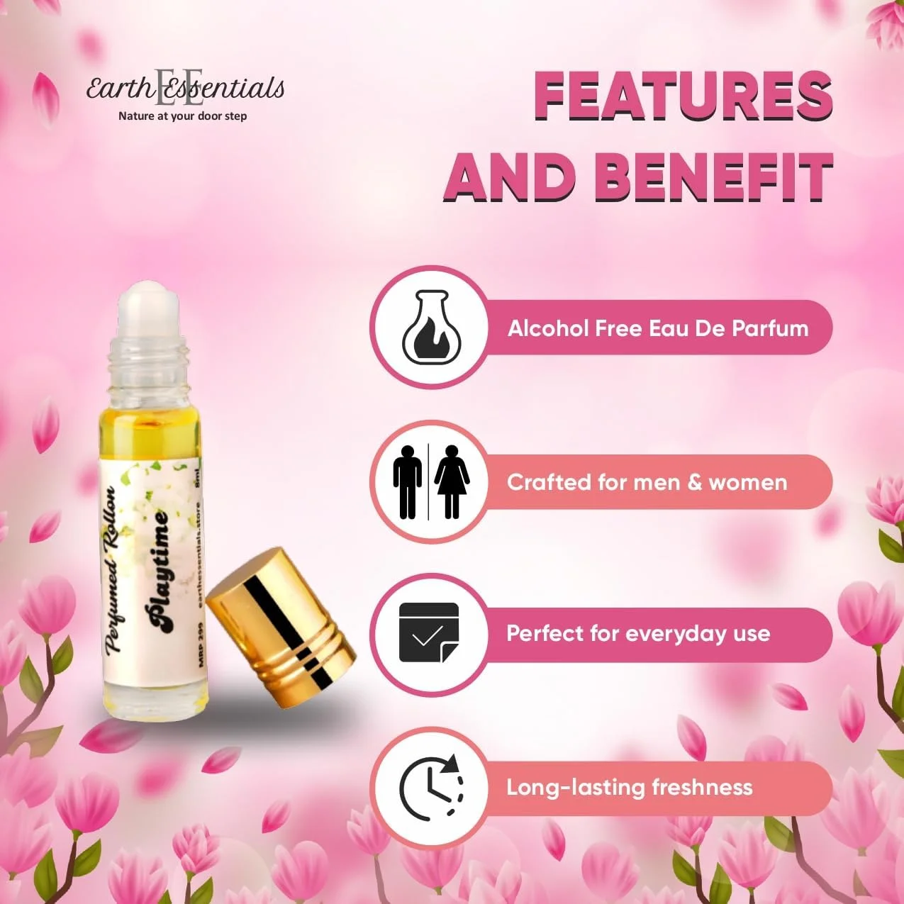 عطر بدن طبیعی Earth Essentials Playtime با رایحه یاس و گل مریم، بدون الکل، ماندگاری طولانی، عطر یونیسکس، ایده آل برای استفاده روزانه، منزل، محل کار و شب های عاشقانه - 8 میلی لیتر، بسته 1 عددی