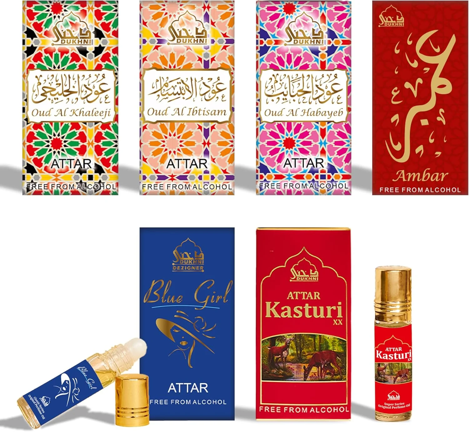 ست روغن عطر پرمیر دخنی | روغن های معطر عربی اصیل | رایحه های حلال ماندگار برای هدایای رمضان و عید | عود ابتسام، عود خلیجی، عود حبایب، کاستوری XX، امبر، بلو گرل - 6 عدد 6 میلی لیتری