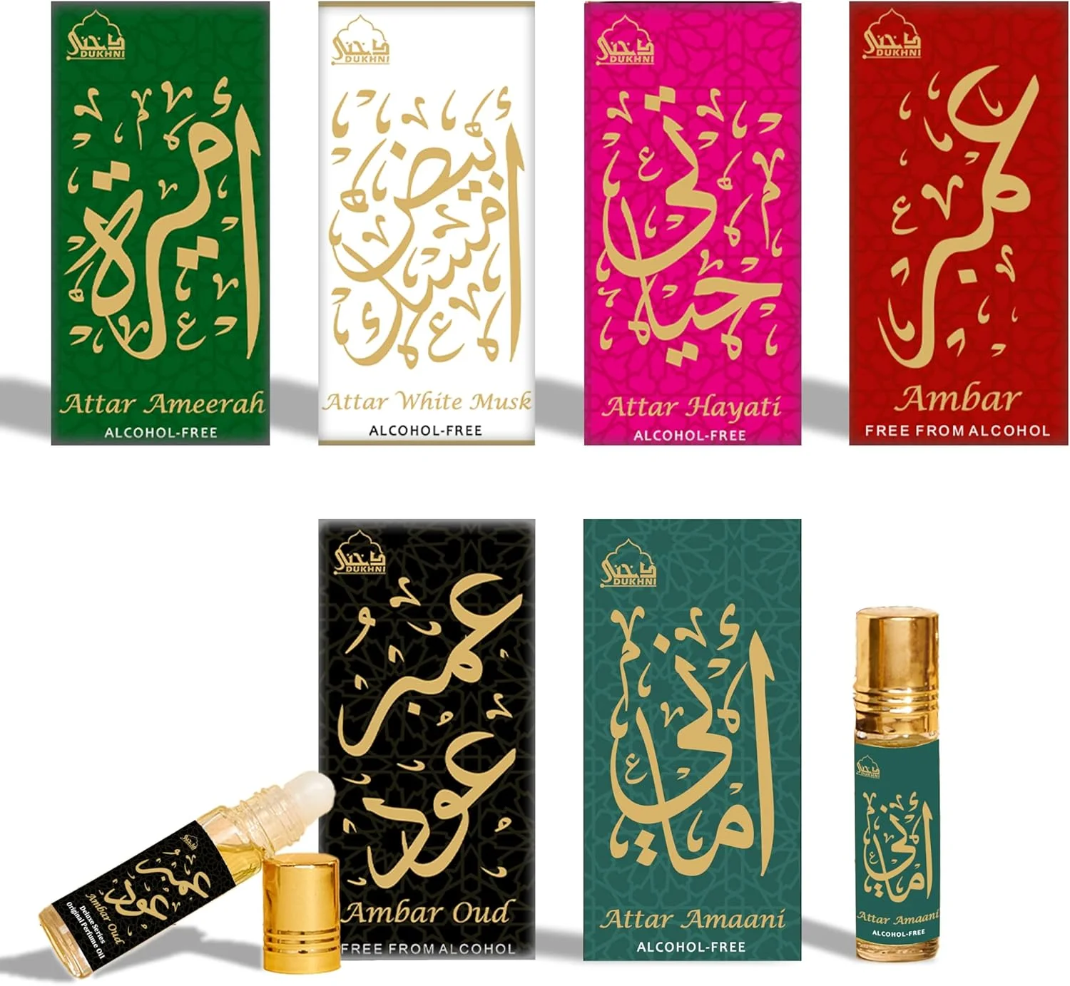 ست روغن عطر دخنی | روغن های معطر عربی اصیل | 100% خالص، ترکیبات حلال بدون الکل | آمانی، امیره، حیاتی، عنبر، عنبر عود، مشک سفید - 6 میلی لیتر هر کدام