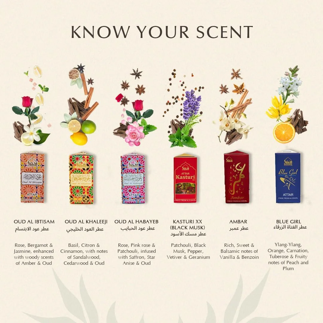 ست روغن عطر پرمیر دخنی | روغن های معطر عربی اصیل | رایحه های حلال ماندگار برای هدایای رمضان و عید | عود ابتسام، عود خلیجی، عود حبایب، کاستوری XX، امبر، بلو گرل - 6 عدد 6 میلی لیتری ست روغن عطر پرمیر دخنی | روغن های معطر عربی اصیل | رایحه های حلال ماندگار برای هدایای رمضان و عید | عود ابتسام، عود خلیجی، عود حبایب، کاستوری XX، امبر، بلو گرل - 6 عدد 6 میلی لیتری