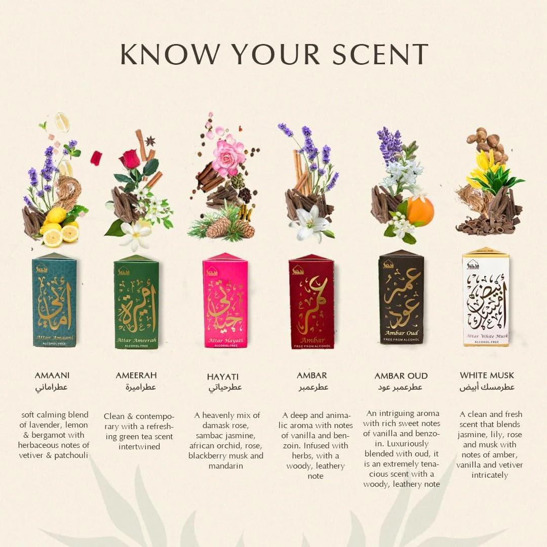 ست روغن عطر دخنی | روغن های معطر عربی اصیل | 100% خالص، ترکیبات حلال بدون الکل | آمانی، امیره، حیاتی، عنبر، عنبر عود، مشک سفید - 6 میلی لیتر هر کدام ست روغن عطر دخنی | روغن های معطر عربی اصیل | 100% خالص، ترکیبات حلال بدون الکل | آمانی، امیره، حیاتی، عنبر، عنبر عود، مشک سفید - 6 میلی لیتر هر کدام