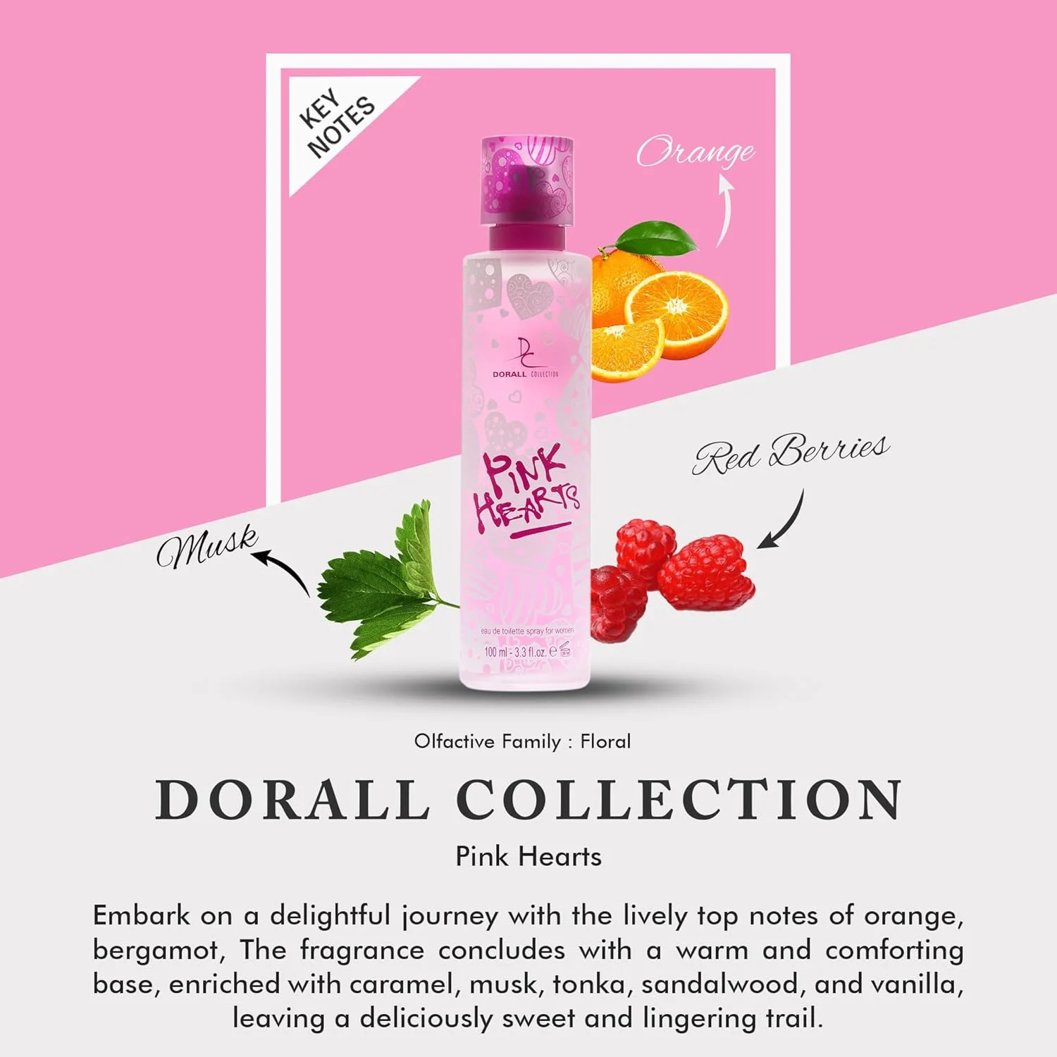 ادکلن زنانه دورال کالکشن مدل Pink Hearts حجم 100 میلی لیتر، رایحه ماندگار گلی و میوه ای - عطر روزانه با طراوت ادکلن زنانه دورال کالکشن مدل Pink Hearts حجم 100 میلی لیتر، رایحه ماندگار گلی و میوه ای - عطر روزانه با طراوت