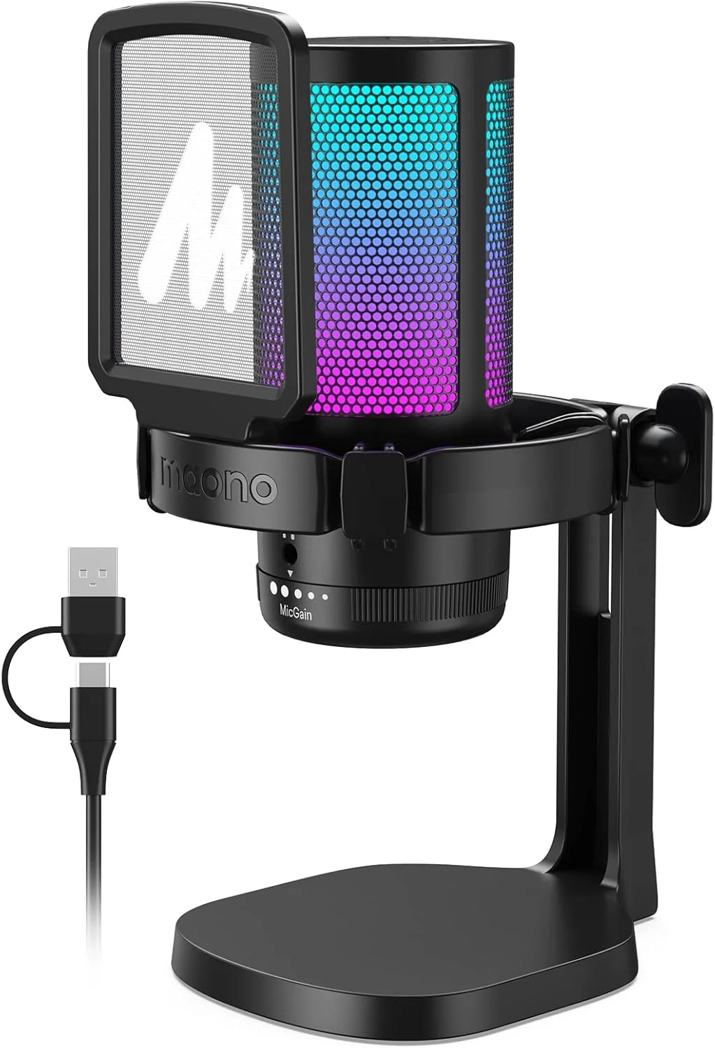 میکروفون گیمینگ USB Maono برای کامپیوتر، میکروفون کندانسور با حذف نویز، نورهای RGB، قطع صدا، بهره برای استریم، ضبط، پادکست، چت، Twitch، YouTube، Discord، کامپیوتر، PS5، PS4، GamerWave DM20
