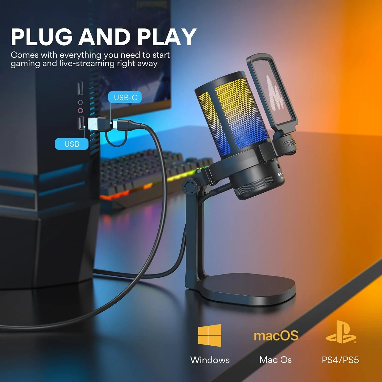 میکروفون گیمینگ USB Maono برای کامپیوتر، میکروفون کندانسور با حذف نویز، نورهای RGB، قطع صدا، بهره برای استریم، ضبط، پادکست، چت، Twitch، YouTube، Discord، کامپیوتر، PS5، PS4، GamerWave DM20 میکروفون گیمینگ USB Maono برای کامپیوتر، میکروفون کندانسور با حذف نویز، نورهای RGB، قطع صدا، بهره برای استریم، ضبط، پادکست، چت، Twitch، YouTube، Discord، کامپیوتر، PS5، PS4، GamerWave DM20