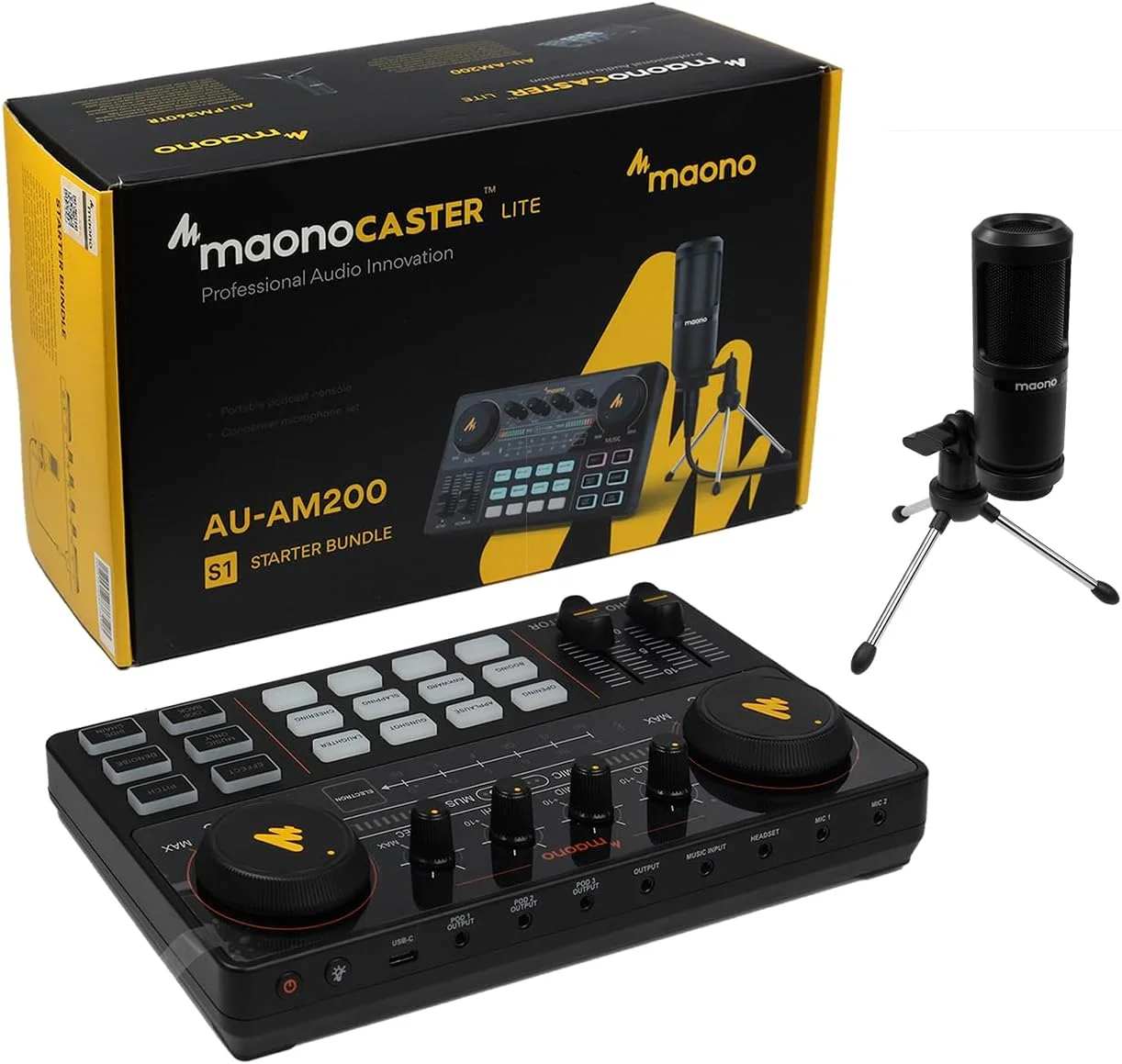 استودیوی تولید پادکست همه کاره قابل حمل Maono Maonocaster AU-AM200S1 Lite با میکروفون و رابط صوتی برای پادکست، بازی - مشکی
