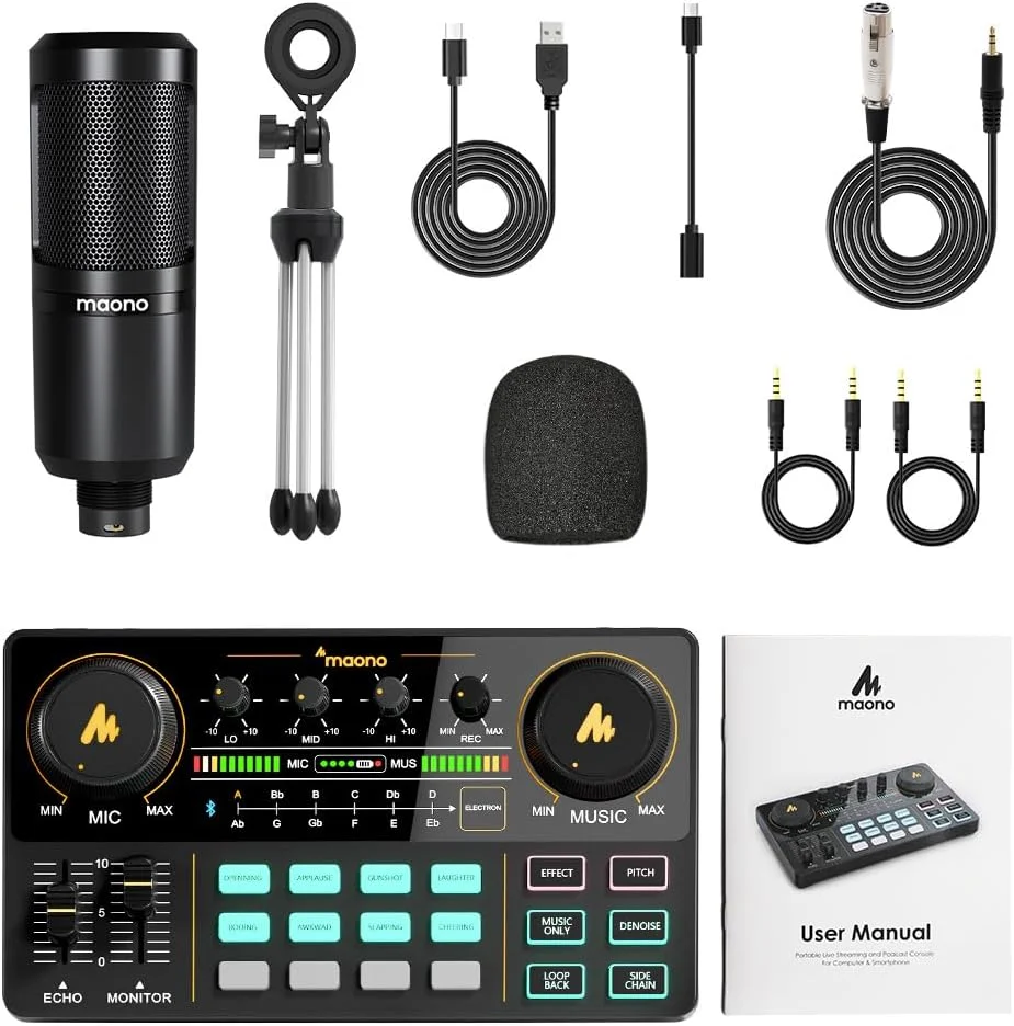 استودیوی تولید پادکست همه کاره قابل حمل Maono Maonocaster AU-AM200S1 Lite با میکروفون و رابط صوتی برای پادکست، بازی - مشکی استودیوی تولید پادکست همه کاره قابل حمل Maono Maonocaster AU-AM200S1 Lite با میکروفون و رابط صوتی برای پادکست، بازی - مشکی