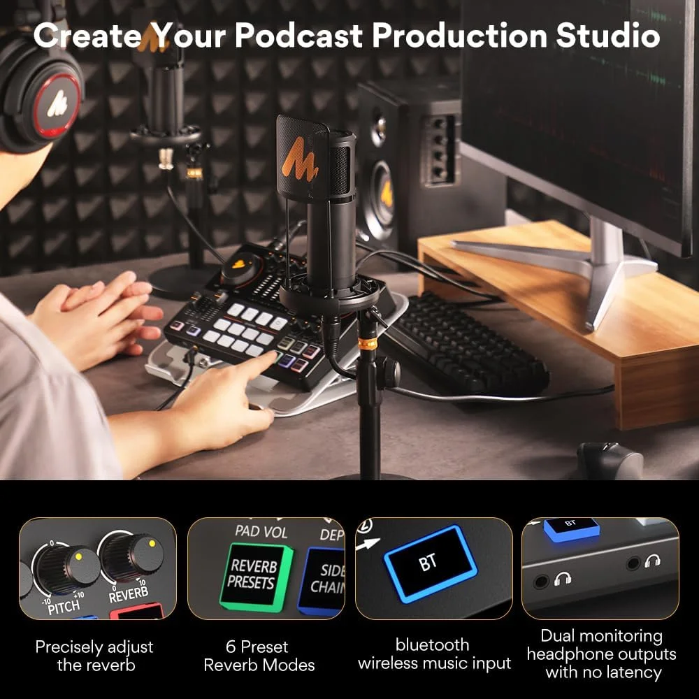 بسته تجهیزات پادکست MAONO - کارت صدا - میکروفون کاندنسر XLR - MAONO MaonoCaster - همه در یک - استودیوی تولید پادکست برای ضبط پادکست، استریم، یوتیوب، دی جی، کامپیوتر، تلفن هوشمند (AME2A)