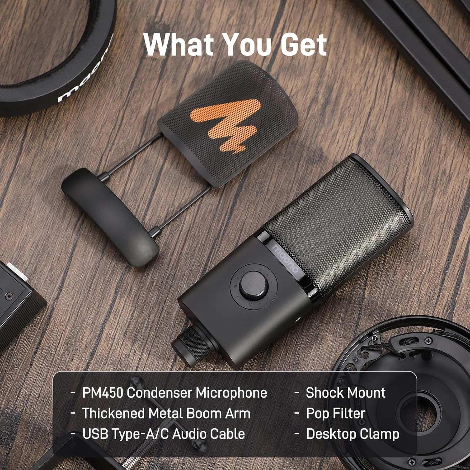 میکروفون کاندنسر USB مائونو مدل PM450S - میکروفون استودیویی با لرزهگیر، بازوی بوم، نرمافزار، بیصدا کردن، دکمه گین، کنترل صدا برای استریمینگ، ضبط، خوانندگی، پادکست، تولید محتوا، کتابهای صوتی میکروفون کاندنسر USB مائونو مدل PM450S - میکروفون استودیویی با لرزهگیر، بازوی بوم، نرمافزار، بیصدا کردن، دکمه گین، کنترل صدا برای استریمینگ، ضبط، خوانندگی، پادکست، تولید محتوا، کتابهای صوتی