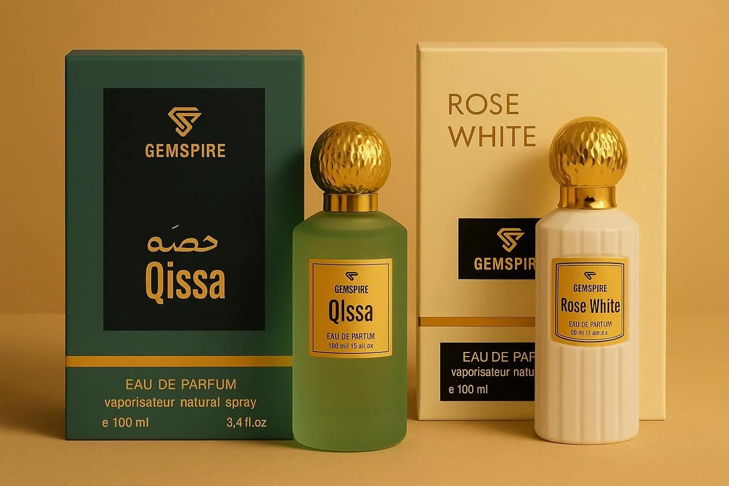 ست هدیه عطر Gemspire White Rose & Qissa | 2 x 100ml | ادو پرفیوم ماندگار унисекс | رایحه لوکس دریایی، عود چوبی و گل رز سفید برای مردان و زنان | ترکیب عطر شیک برای هدیه دادن