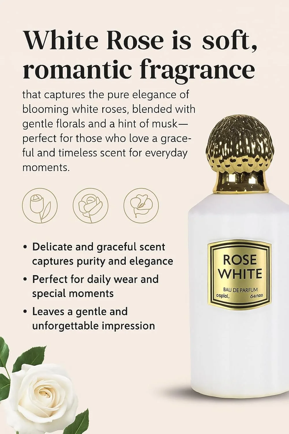عطر زنانه رز سفید Gemspire حجم 100 میلی لیتر - ادو پرفیوم لوکس با ماندگاری طولانی | رایحه گلی رمانتیک با رز سفید، یاس و مشک | بهترین هدیه عطر برای خانم ها، رایحه ای ظریف و زنانه