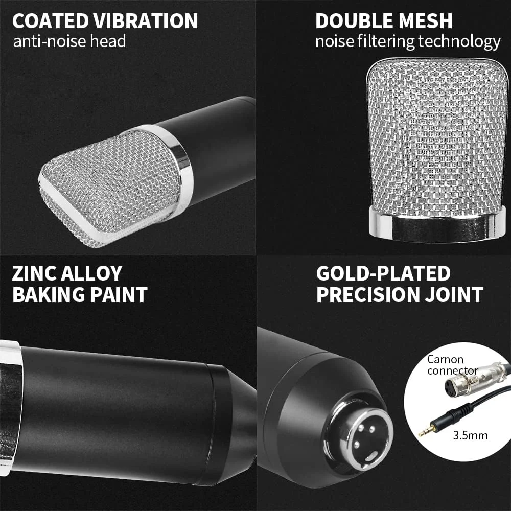 میکروفون استودیویی حرفه ای eWINNER با شبکه دو لایه بزرگ، بازوی قیچی دار معلق، پایه ضد لرزش و کندانسور ضبط صدا