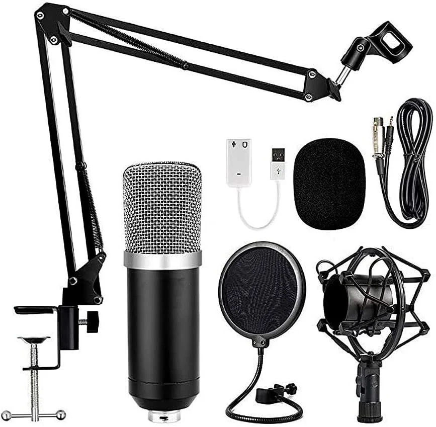 میکروفون کندانسور eWINNER با بازوی قیچی تعلیق/لرزه گیر/فیلتر پاپ صفحه باد/گیره نصب و کارت صدای USB (مشکی)