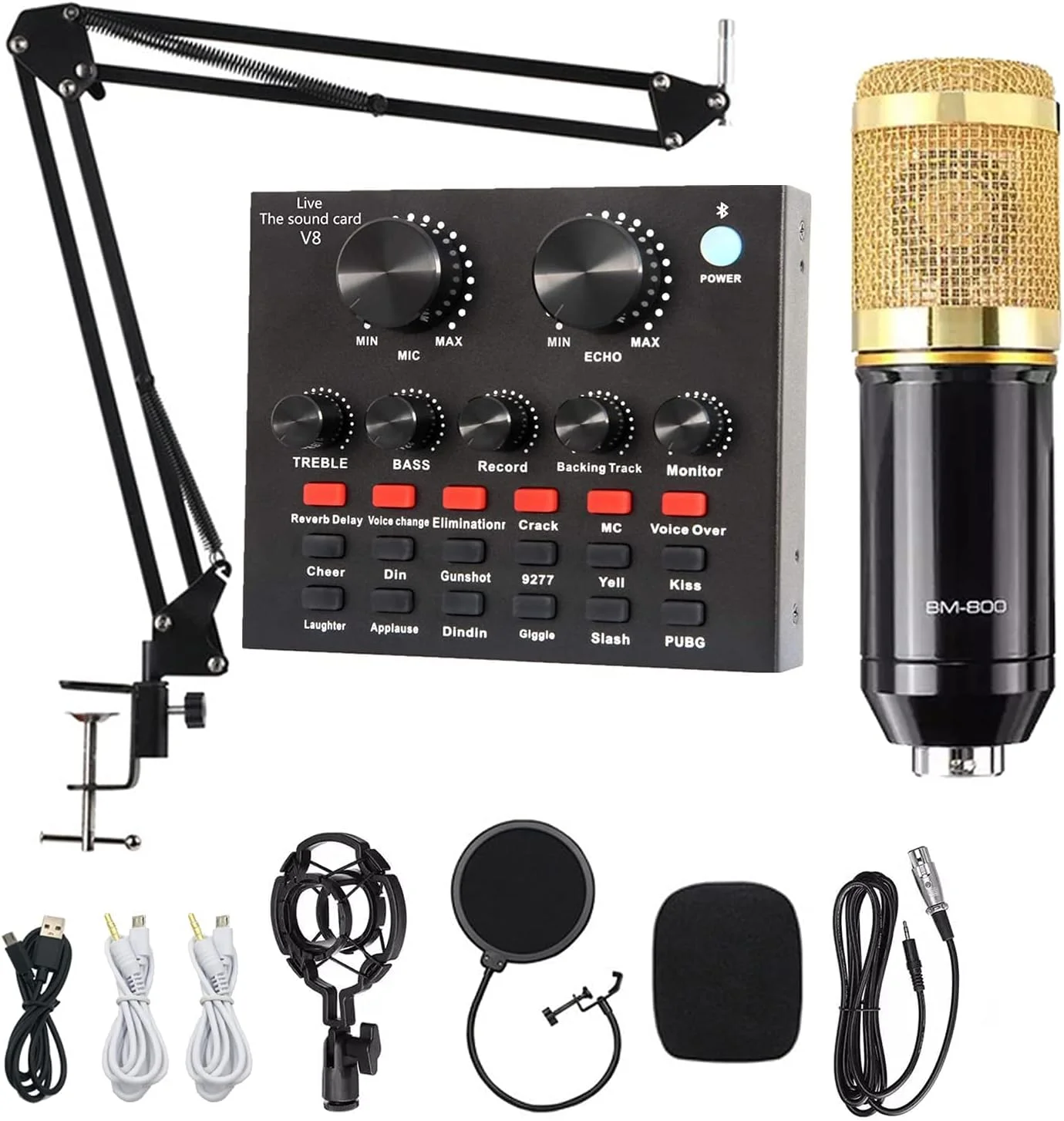 کیت باندل تجهیزات پادکست eWINNER شامل میکروفون کندانسور، کارت صدای زنده، بازوی تعلیق میکروفون، شاک مونت فلزی، فیلتر دولایه برای ولاگ، پخش زنده، آواز، یوتیوب، بازی و ضبط استودیویی