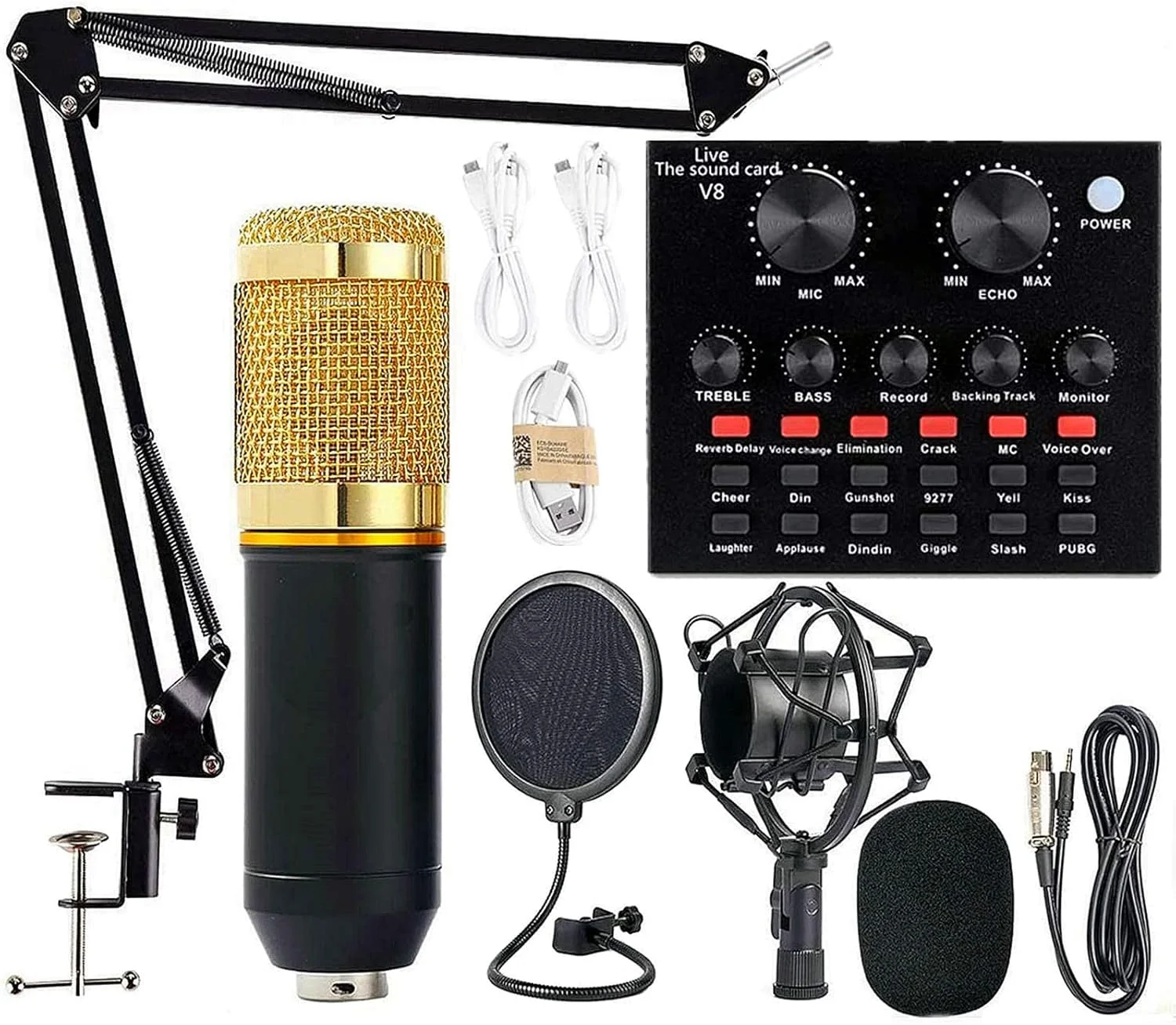 مجموعه میکروفون کاندنسر پادکست eWINNER BM-800 به همراه کارت صدای v8 / میکروفون استودیویی کاندنسر برای لپ تاپ، وبلاگ نویسی، پخش زنده، استریم زنده، یوتیوب، تیک تاک، گیمر (مشکی/طلایی)، بلوتوث