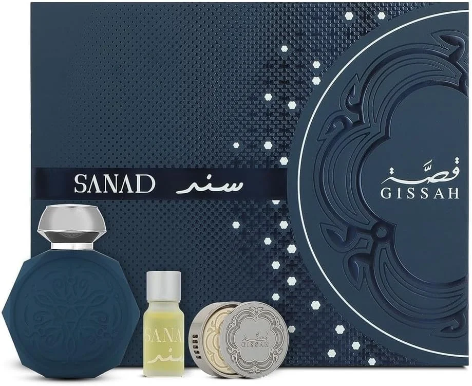 ادکلن گیسا سند (SANAD) - 90 میلی لیتر به همراه روغن خوشبو کننده خودرو و یک سنگ معطر (5 گرمی) ست هدیه 3 عددی برای آقایان و بانوان