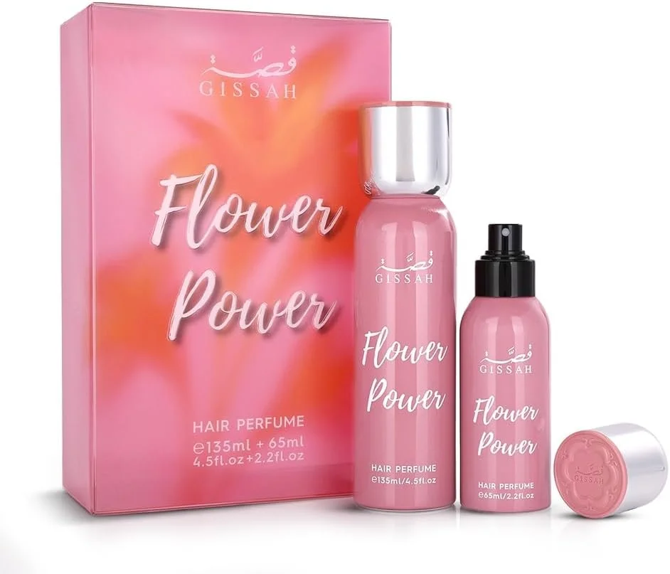 عطر زنانه گیساه فلاور پاور 135 میلی لیتر (4.5 fl.oz) + عطر مو 65 میلی لیتر (2.2 fl.oz) / رایحه انگور فرنگی سیاه، یاس، رز، فلفل صورتی، کارامل، گل های سفید