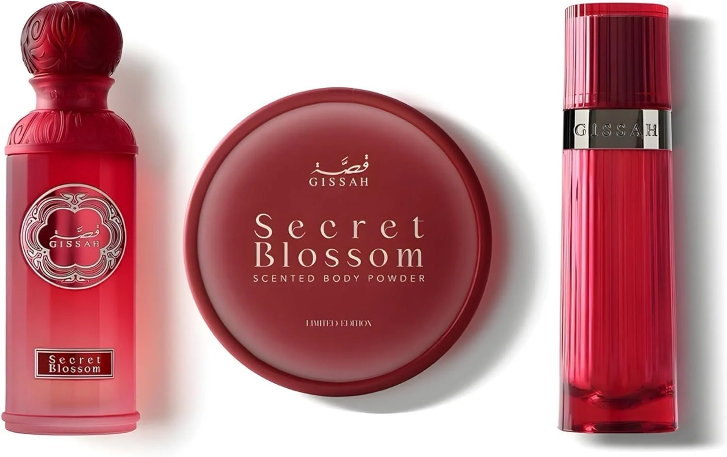 مجموعه عطر زنانه جدید Secret Blossom از Gissah | Secret Blossom 50ml EDP + پودر بدن 10 گرمی + خمریه 20ml | عطور قصه بكج نسائي جديد الاحمر للنساء مجموعة عطر قصة