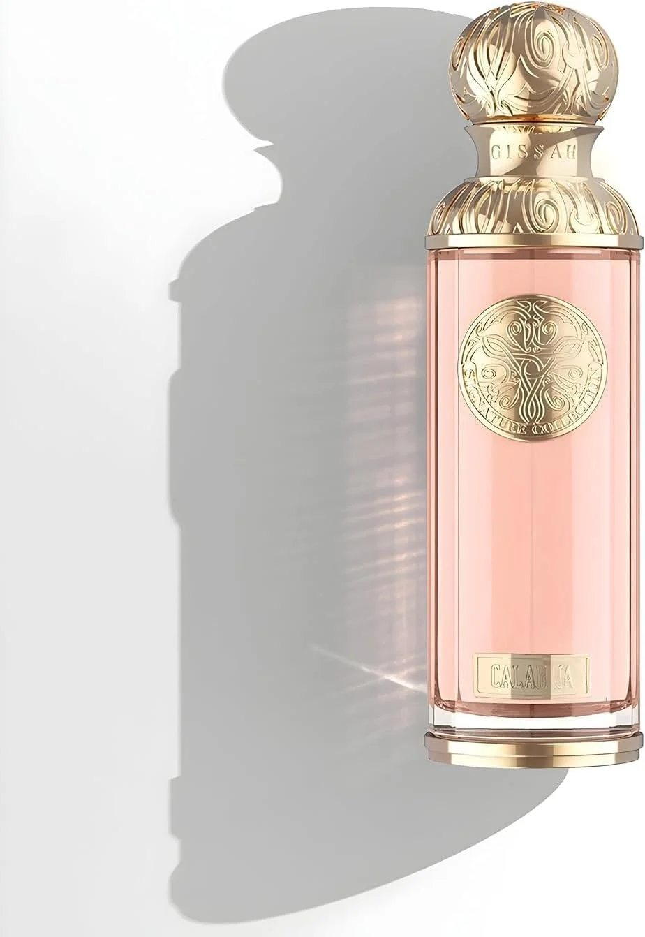 عطر لوکس унисекс Gissah HELEN با رایحه گل های تازه و چوبی، 90 میلی لیتر، بطری شیشه ای مشکی و رزگلد با طراحی تزئینی