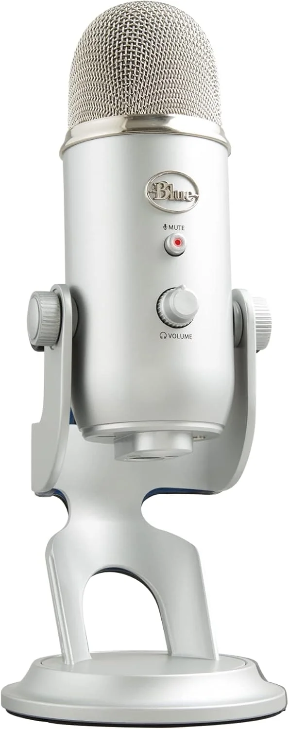 میکروفون USB Blue Yeti برای ضبط، استریم، بازی، پادکست روی PC و Mac، میکروفون کاندنسر برای لپ تاپ یا کامپیوتر با افکت های Blue VO!CE، پایه قابل تنظیم، Plug and Play - نقره ای