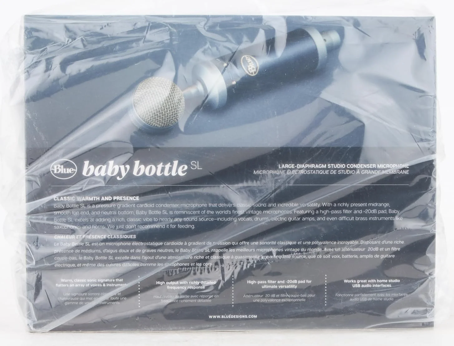 میکروفون کندانسور کاردیوئید آبی مدل Baby Bottle SL XLR برای ضبط حرفه ای، استریمینگ، پادکست، بازی، با دیافراگم بزرگ، شاک مونت، سوییچ برش فرکانس پایین، صدای گرم و قدیمی، کیف محافظ - مشکی