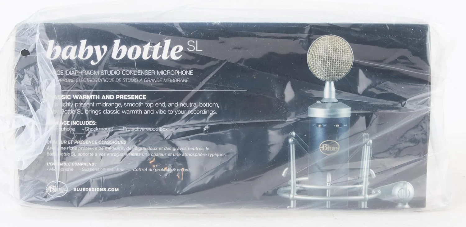 میکروفون کندانسور کاردیوئید آبی مدل Baby Bottle SL XLR برای ضبط حرفه ای، استریمینگ، پادکست، بازی، با دیافراگم بزرگ، شاک مونت، سوییچ برش فرکانس پایین، صدای گرم و قدیمی، کیف محافظ - مشکی