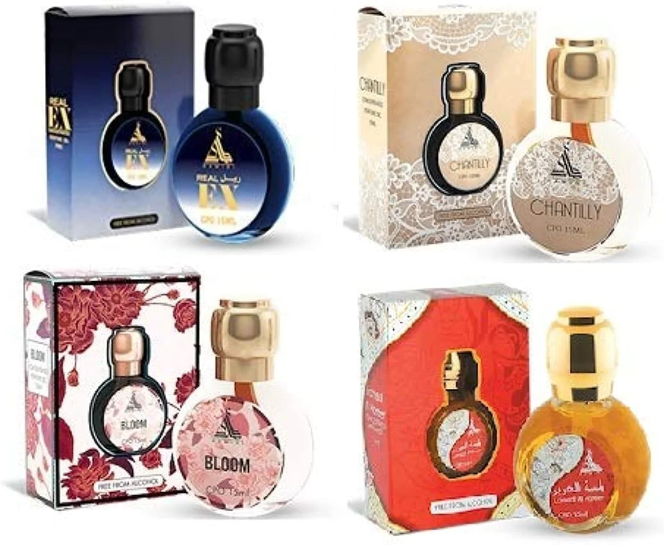 روغن عطر 15 میلی لیتری حمیدی بدون الکل، بسته 4 عددی عطرهای متنوع Real Ex + Lamsat Hareer + Bloom + Chantilly مخصوص بانوان