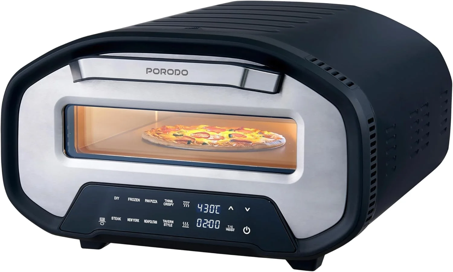 پیتزا ساز برقی خانگی 7 در 1 Porodo Lifestyle، گرمایش سریع 2200 وات، دارای 7 برنامه از پیش تعیین شده، دمای قابل تنظیم 80-430 درجه سانتیگراد، تایمر داخلی، پیتزاهای به سبک رستورانی، زمان پخت 2 دقیقه، سنگ پیتزا 12 اینچی شامل