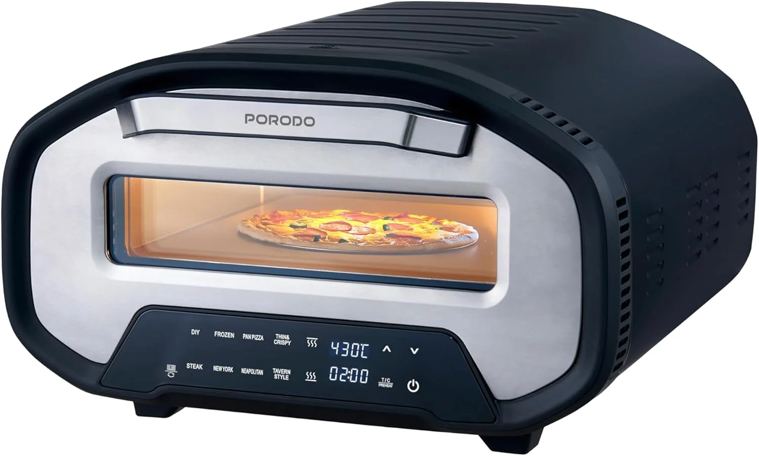 پیتزا ساز برقی خانگی 12 اینچی Porodo Lifestyle، گرمایش سریع 2200 وات، 7 حالت از پیش تعیین شده، دمای قابل تنظیم 80 تا 430 درجه سانتیگراد، زمان پخت 2 دقیقه، تایمر داخلی، فر پیتزا به سبک رستوران، سنگ پیتزا 12 اینچی شامل