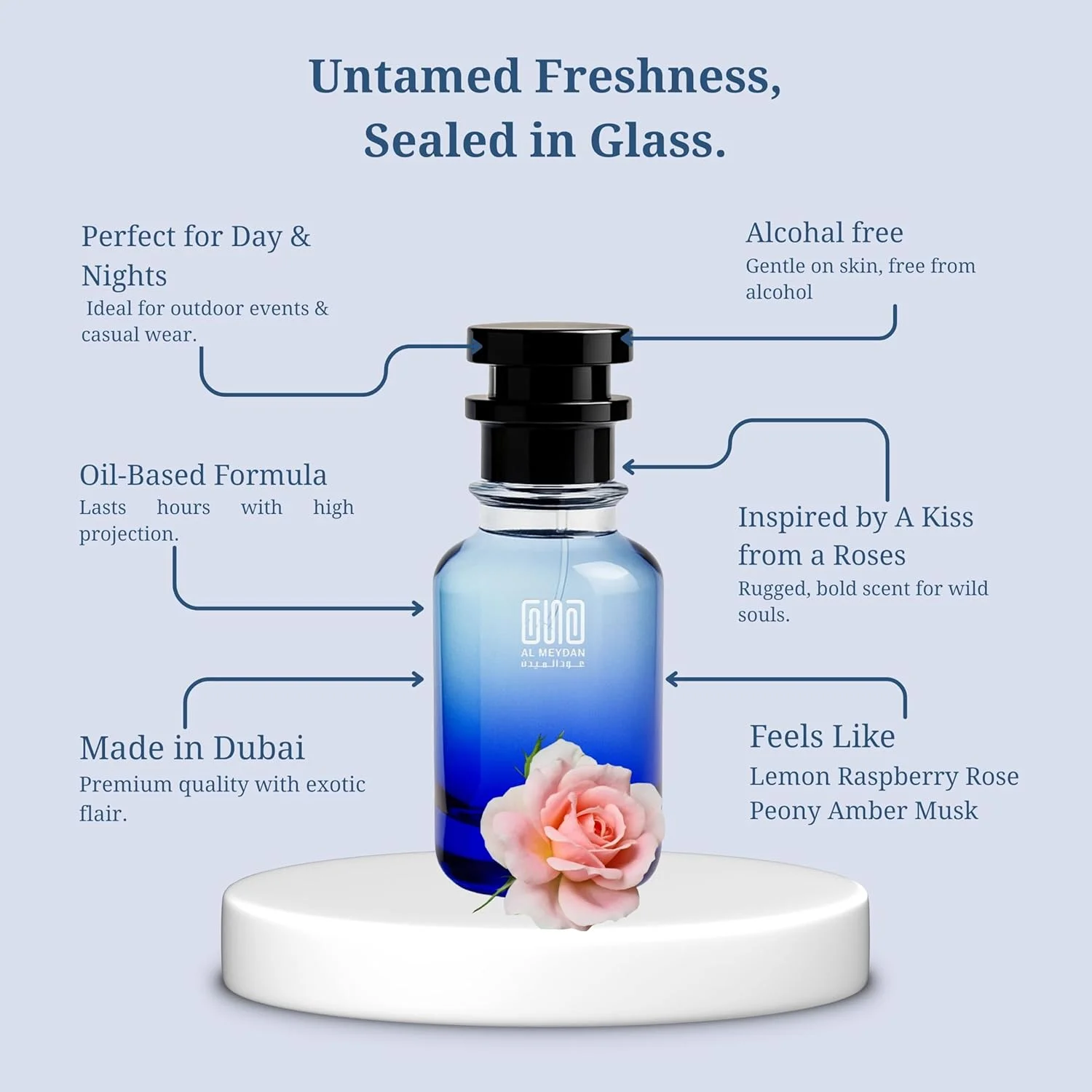 عطر روغنی عود المیدان زنانه - الهام گرفته از بوسه ای از گل رز - بدون الکل، ماندگاری طولانی 10+ ساعته با رایحه گلی سبز با نت های رز، یاس و مشک - مناسب استفاده روزانه (80 میلی لیتر)