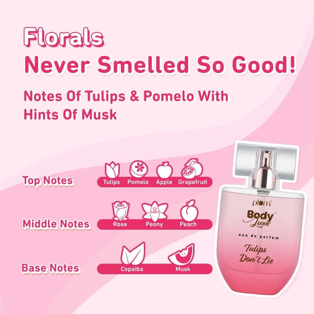 ادو پرفیوم زنانه Plum BodyLovin' Tulips Don'T Lie | ماندگاری طولانی و رایحه گلی تازه و ممتاز | عطر مایع لوکس برای زنان | نت های گل لاله، پوملو و مشک | مناسب کیف دستی | بسیار شاداب (50 میلی لیتر)